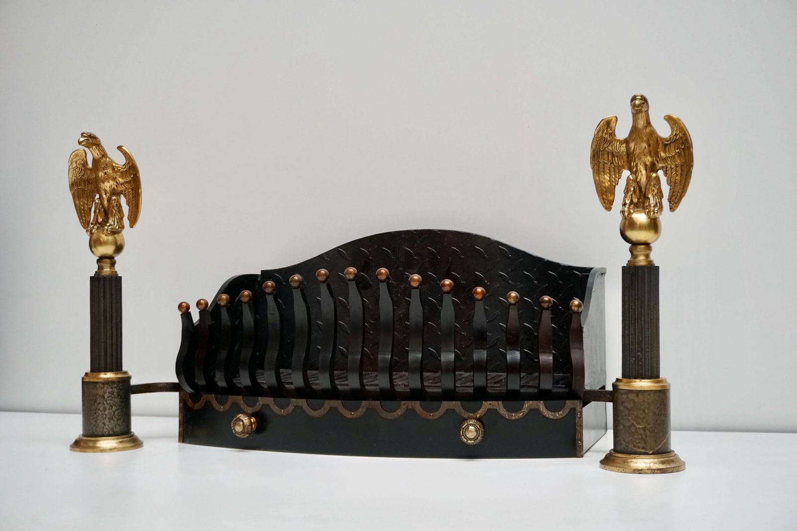 Monumental Late 19th Century Cast Iron Fire Grates Basket With Bronze Eagles photo furniture