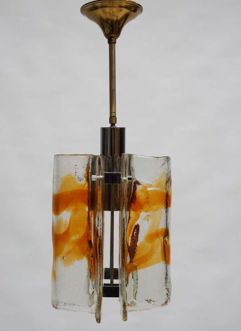 Mazzega Clear And Amber Curved Glass Tile Chandelier On Chrome Frame photo for sale