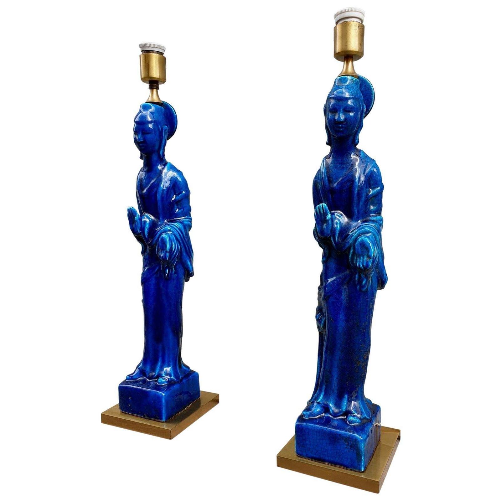 Pair Of Hollywood Regency Standing Buddha Ceramic Table Lamps By Ugo Zaccagnini