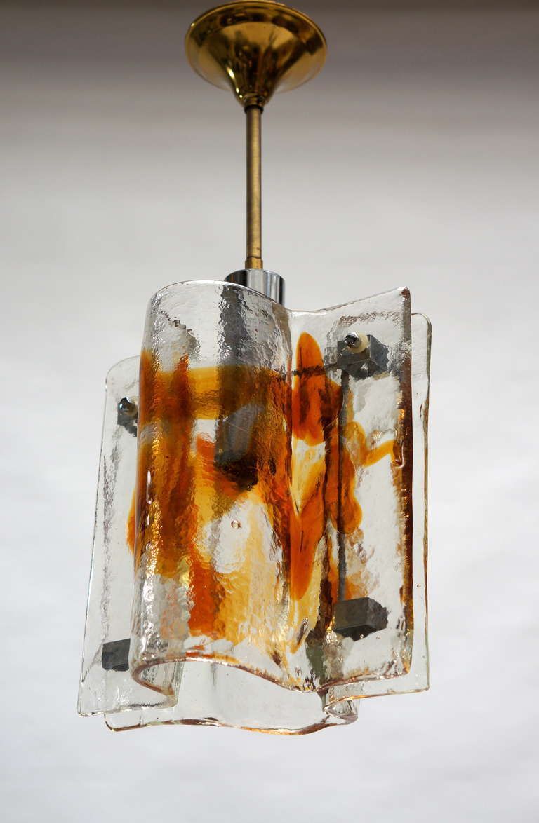 Mazzega Clear And Amber Curved Glass Tile Chandelier On Chrome Frame photo vinterior