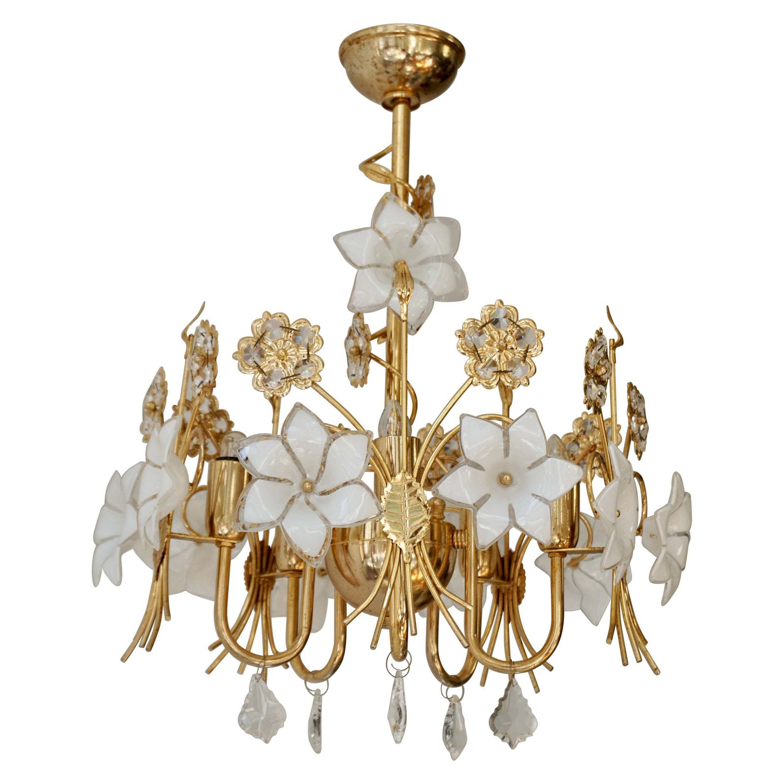 Murano Glass And Crystal Chandelier With White Flowers