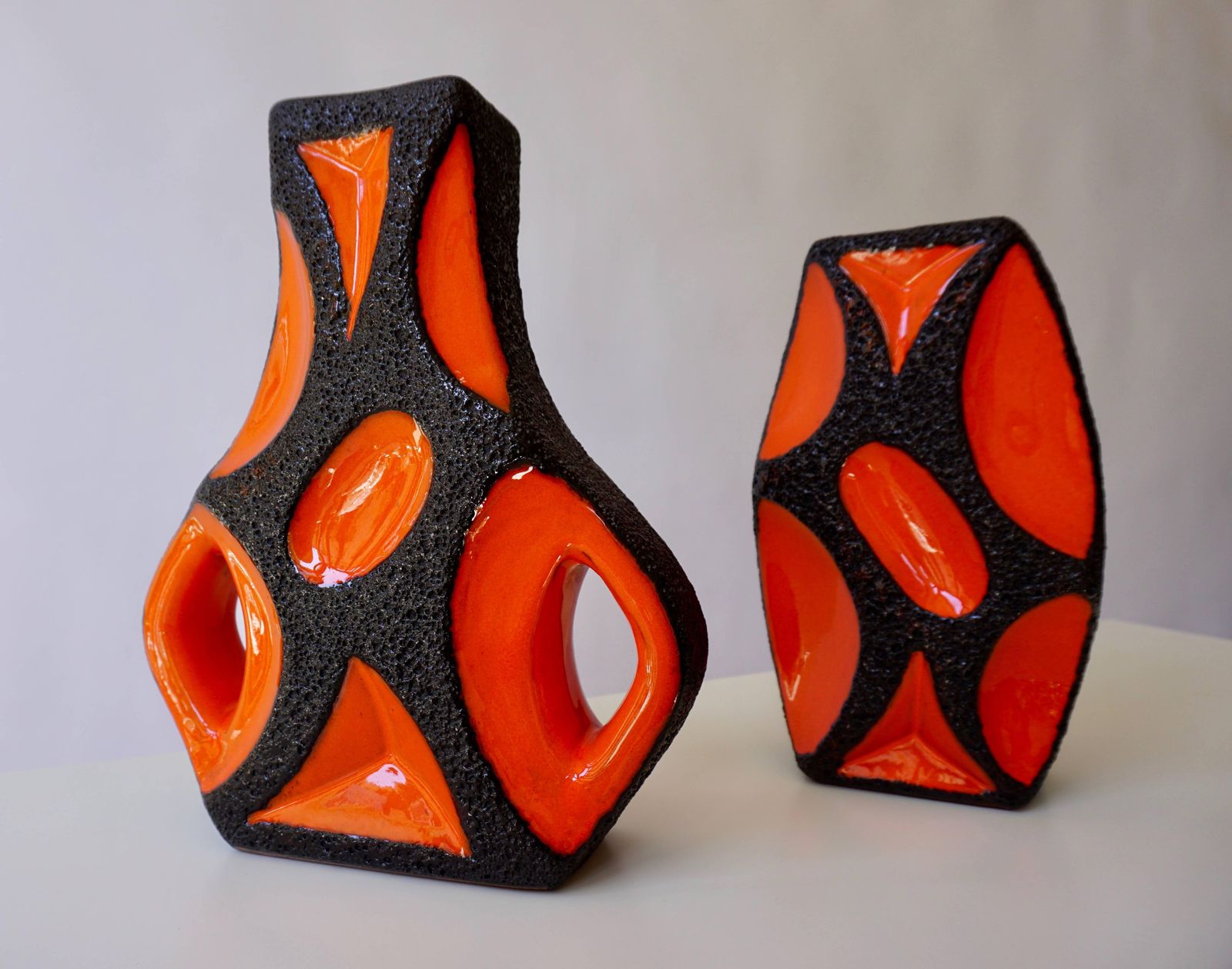 Two West German Roth Keramik Art Pottery 'Fat Lava' Guitar Vase photo for sale