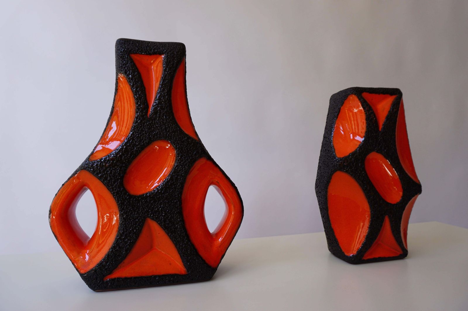 595.0 Two West German Roth Keramik Art Pottery 'Fat Lava' Guitar Vase photo