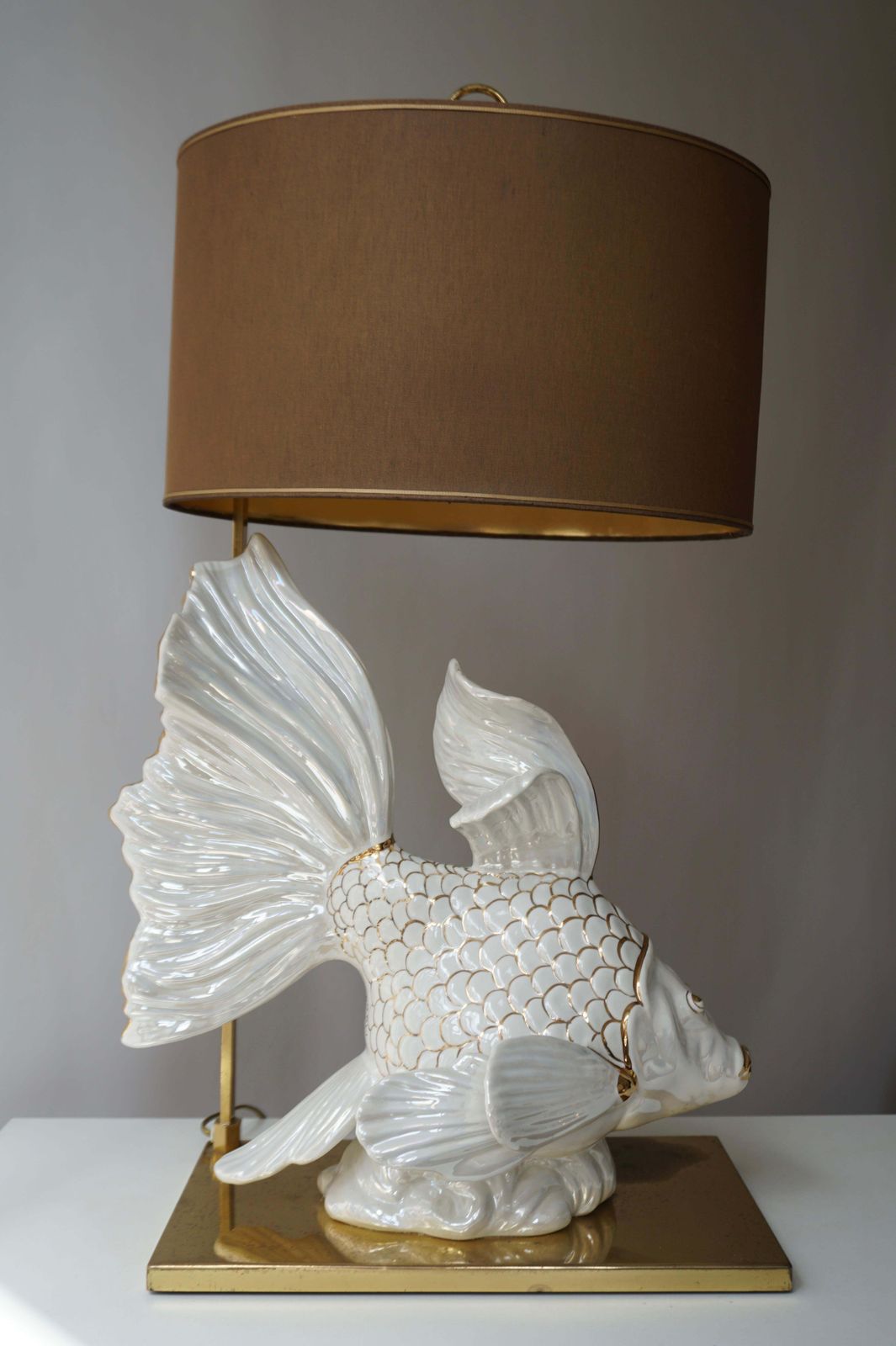 Italian Midcentury Big Ceramic Fish Lamp With Brass Details, 1970s photo furniture