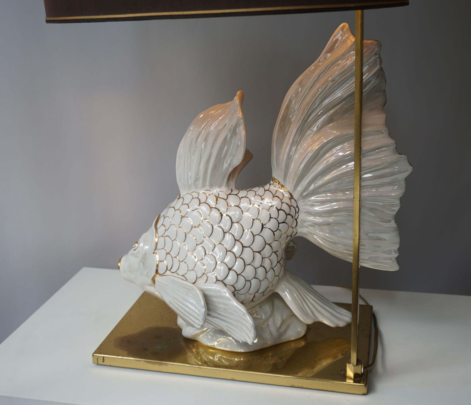 Italian Midcentury Big Ceramic Fish Lamp With Brass Details, 1970s photo Lighting