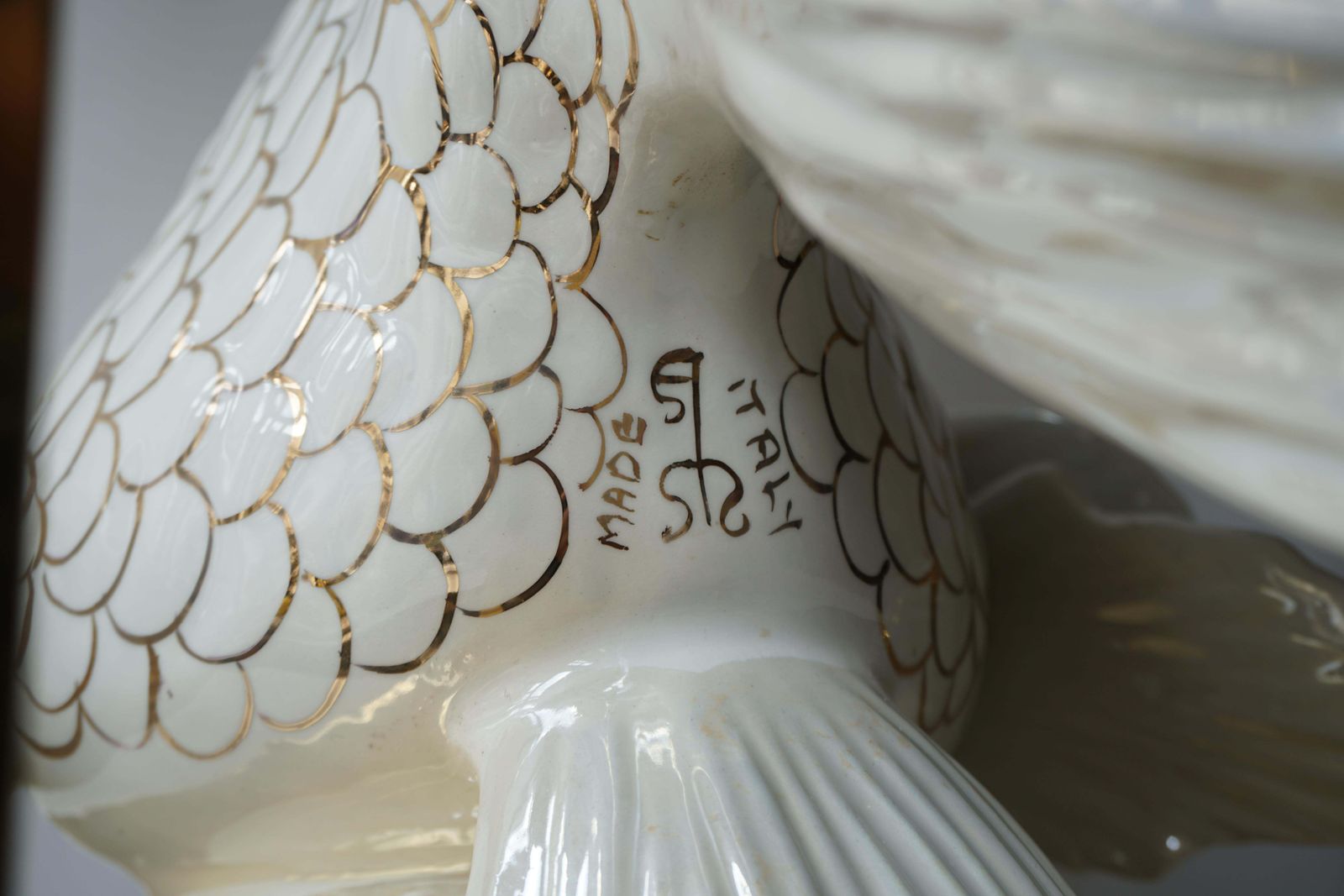 Italian Midcentury Big Ceramic Fish Lamp With Brass Details, 1970s photo vintage