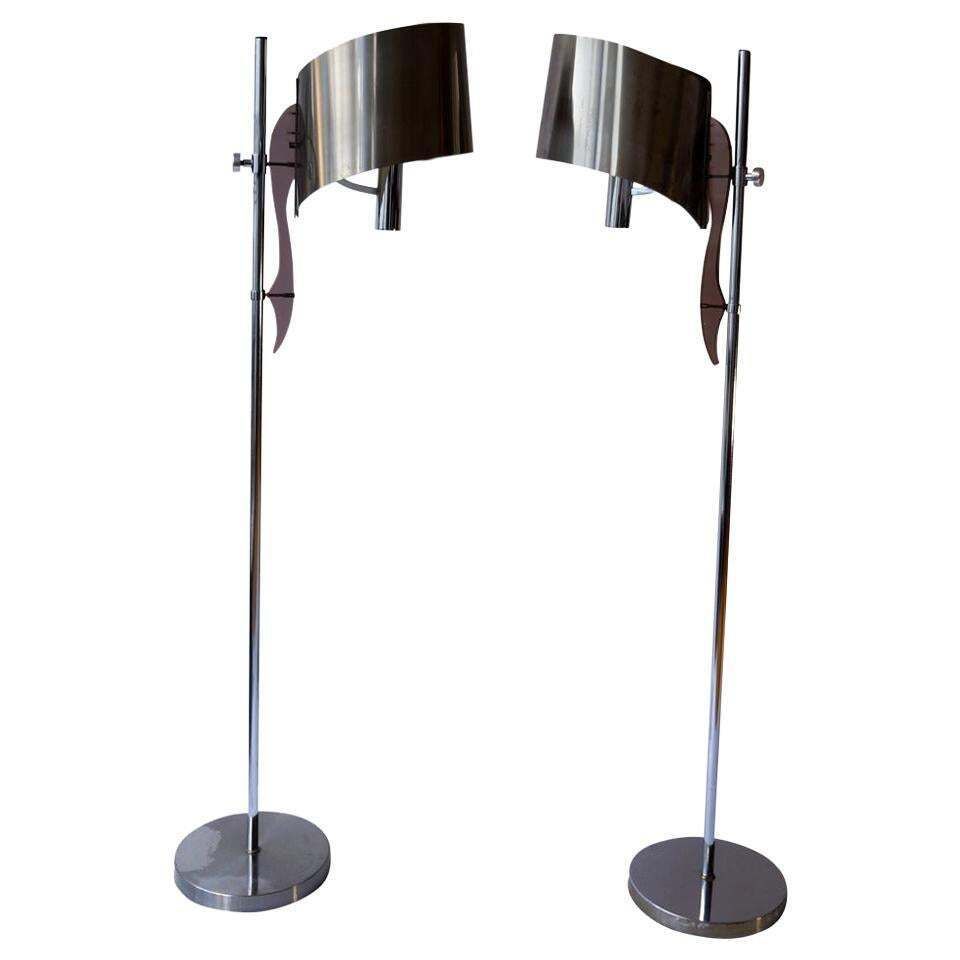 Two Maison Charles Standing Floor Lamp With Stainless Steele Shade 1970s, France