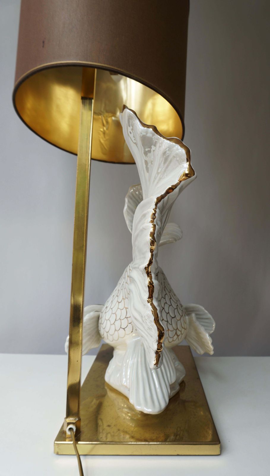 photo furniture Italian Midcentury Big Ceramic Fish Lamp With Brass Details, 1970s