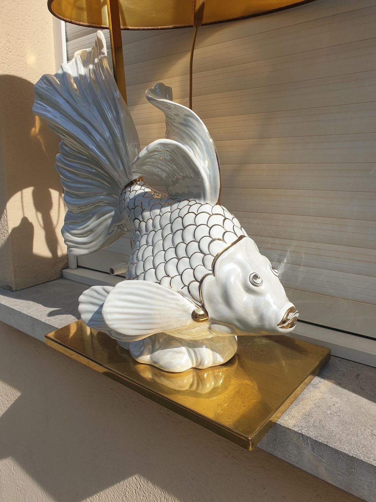 1319.0 Italian Midcentury Big Ceramic Fish Lamp With Brass Details, 1970s photo