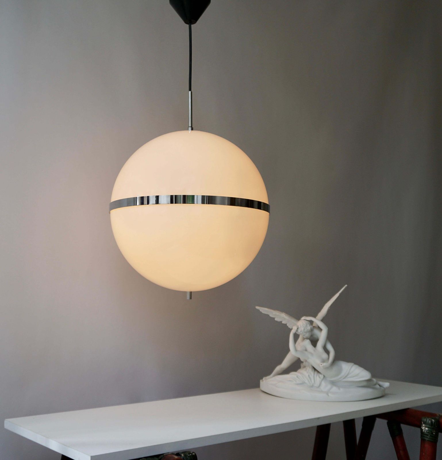 Italian Pendant Lamp In White Plastic And Chrome, 1970s photo for sale