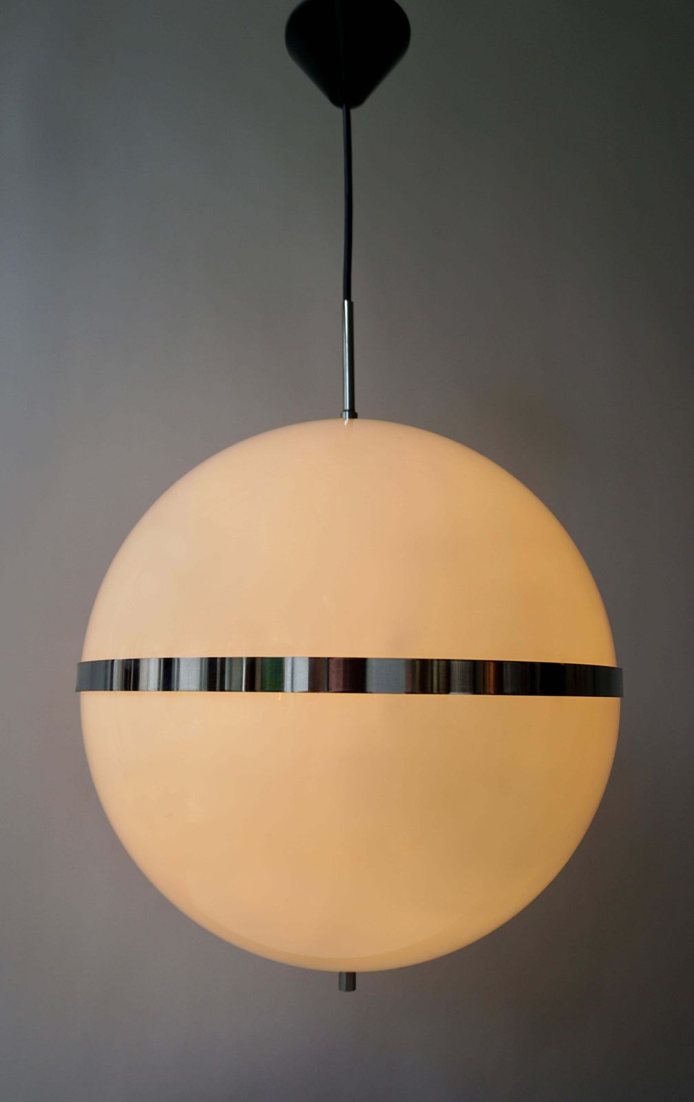 Italian Pendant Lamp In White Plastic And Chrome, 1970s photo Lighting