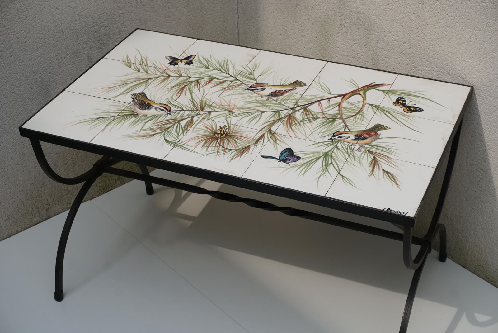 photo furniture Belarti Ceramic Tile Side Coffee Table With Birds And Butterflies, 1960s