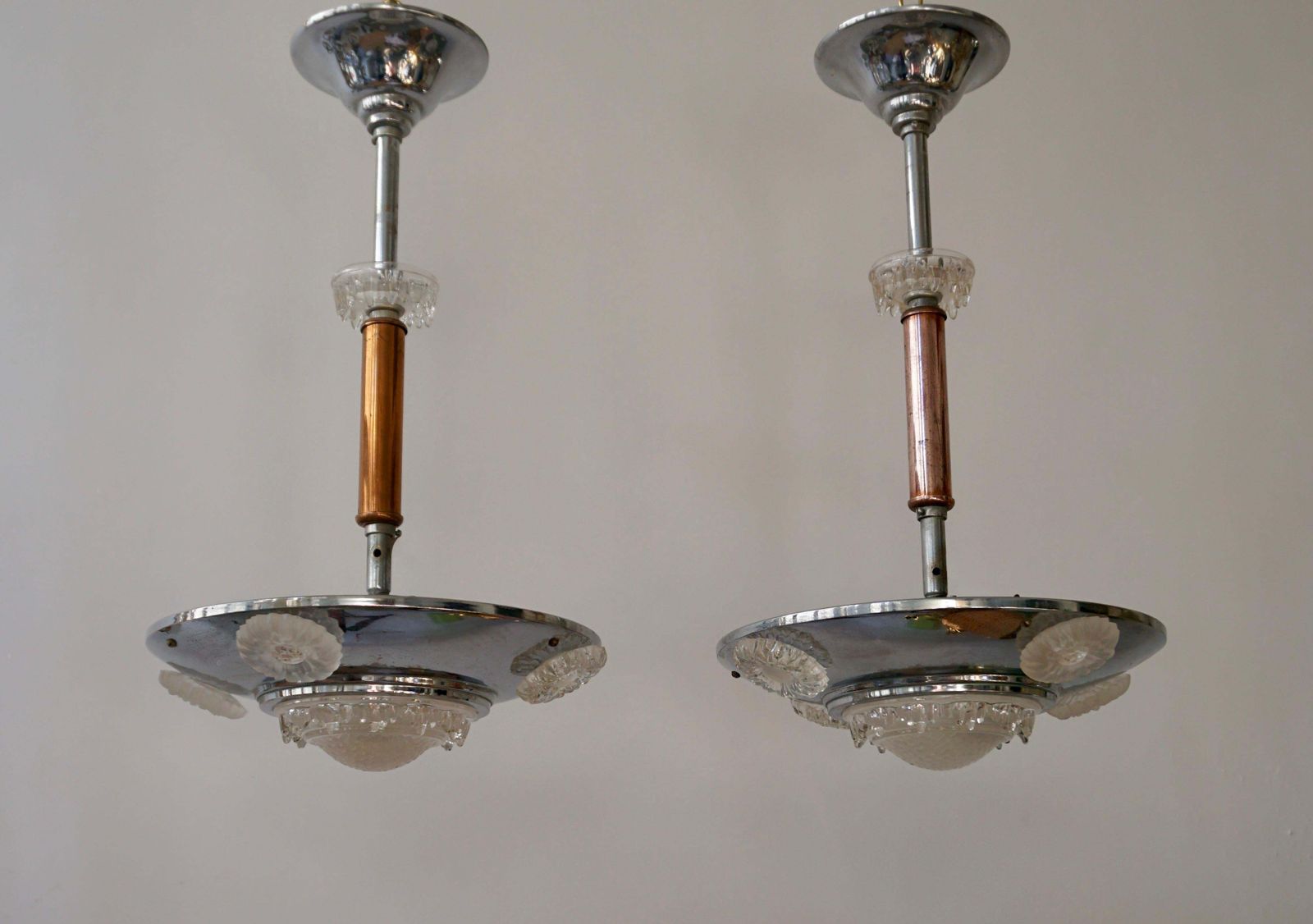 Pair Of 1930s Chrome And Glass Art Deco Chandeliers photo furniture