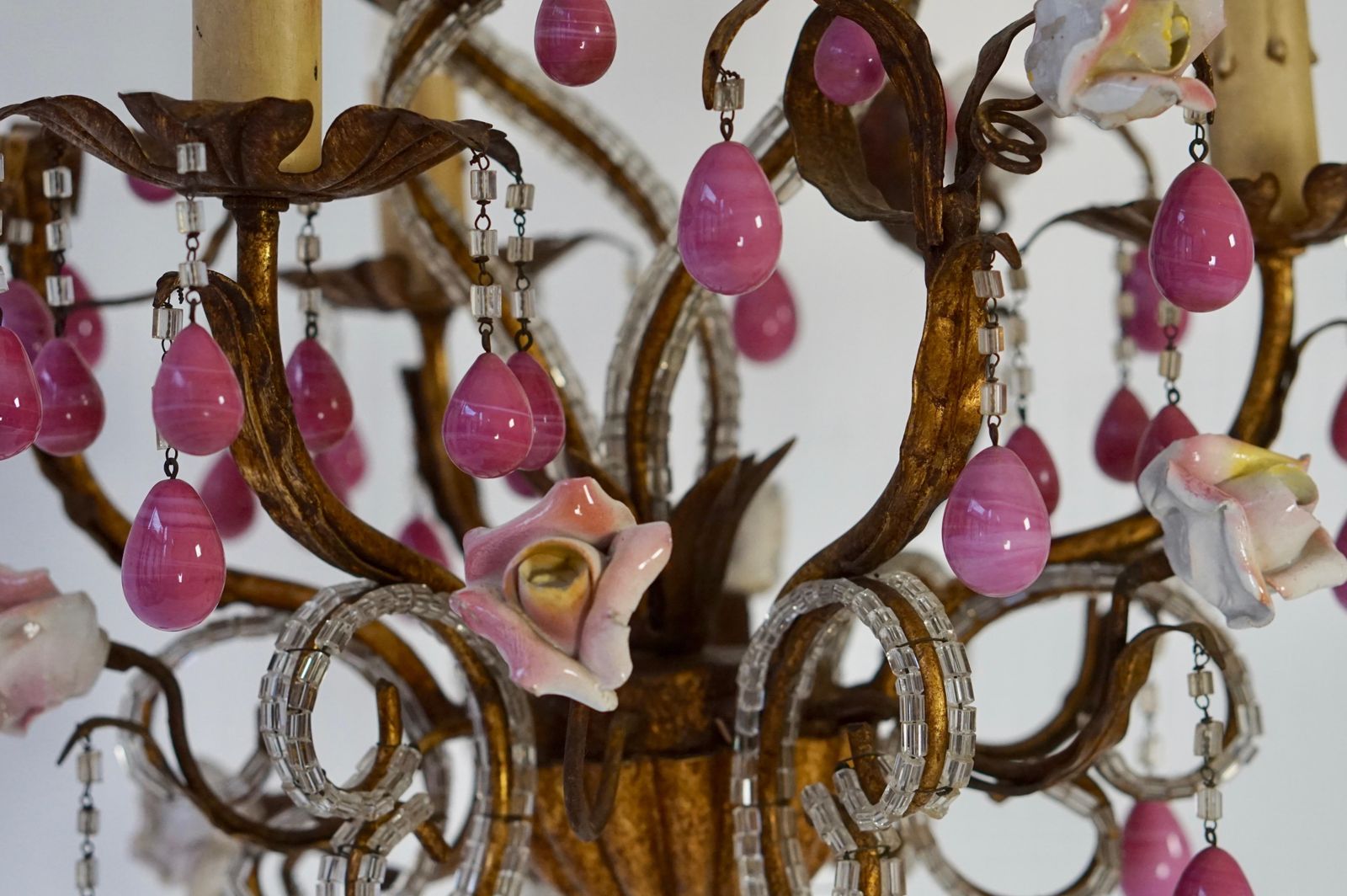 Brass And Ceramic Drop Chandelier With Porcelain Flowers, Italy photo Lighting
