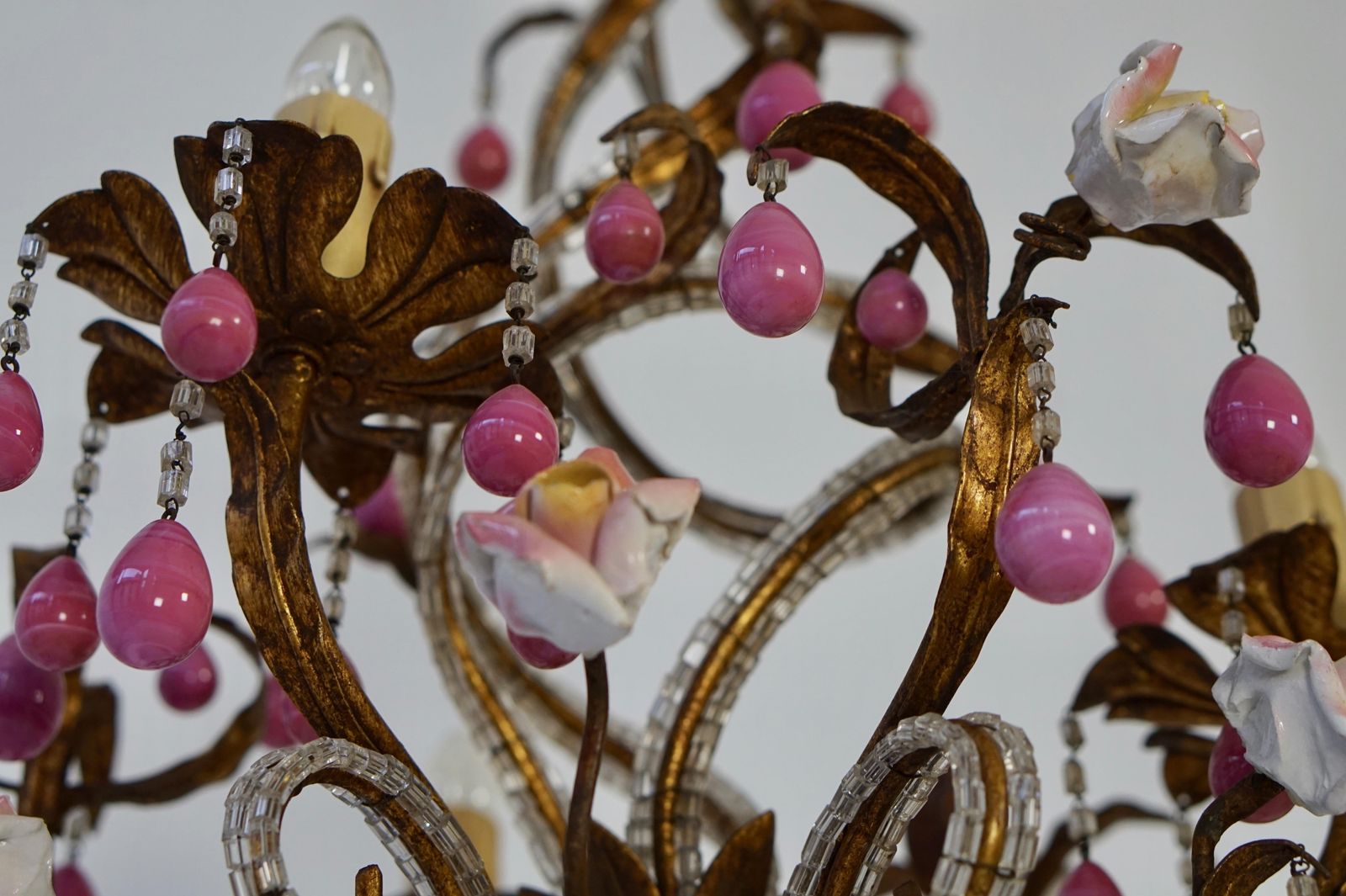 Brass And Ceramic Drop Chandelier With Porcelain Flowers, Italy photo vintage