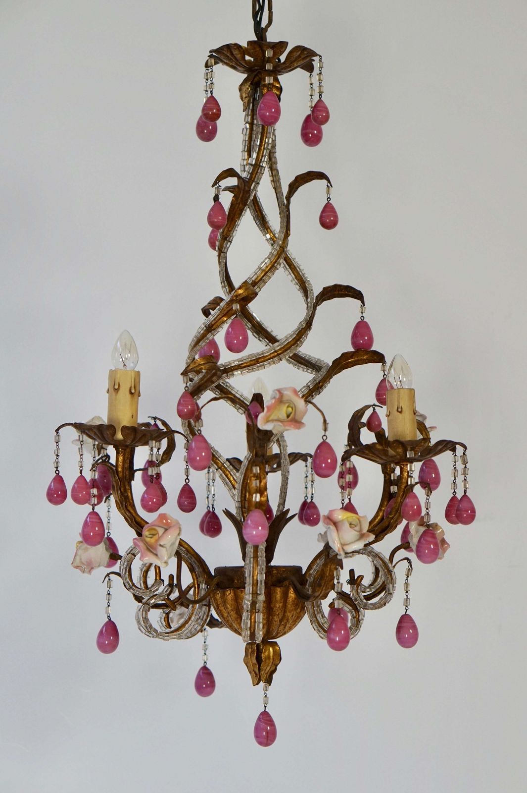 photo for sale Brass And Ceramic Drop Chandelier With Porcelain Flowers, Italy