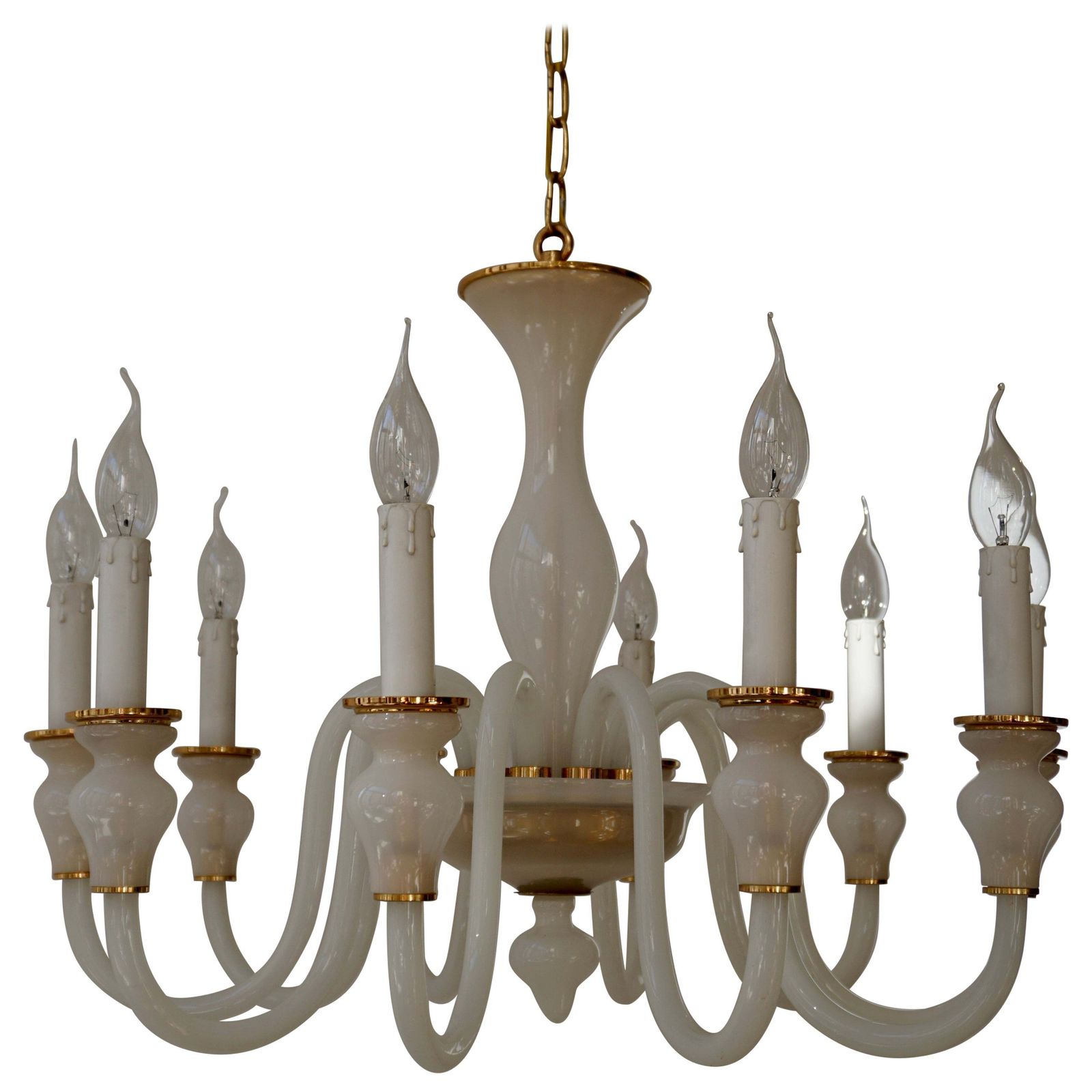 Italian Modern Hand Blown White And Gold Murano Glass Chandeliers