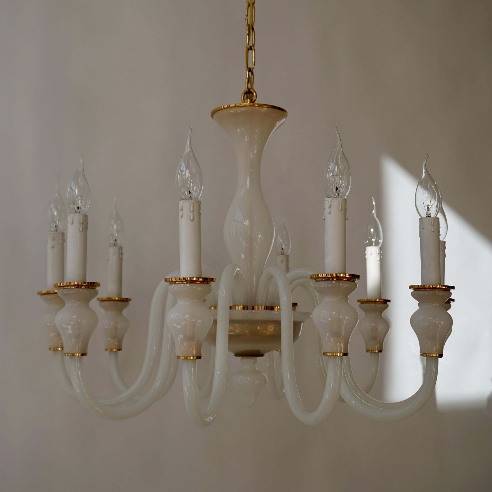 Lighting Italian Modern Hand Blown White And Gold Murano Glass Chandeliers photo