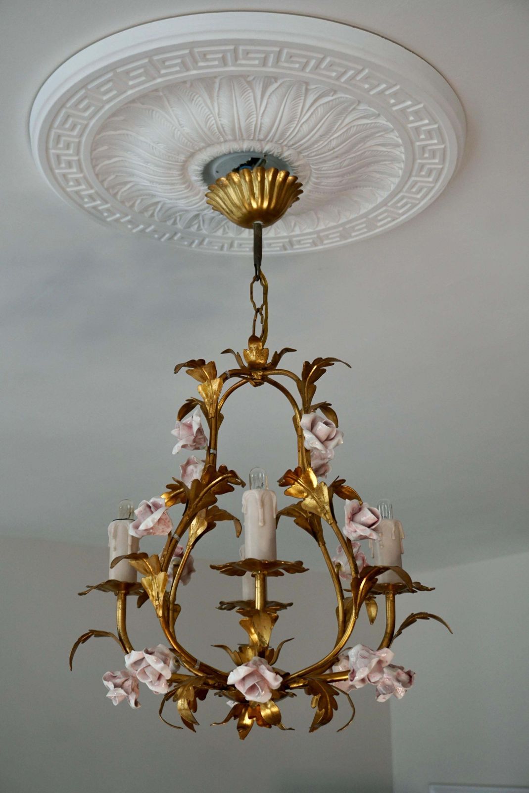 Five Italian Chandelier With Porcelain Flower Roses photo Lighting