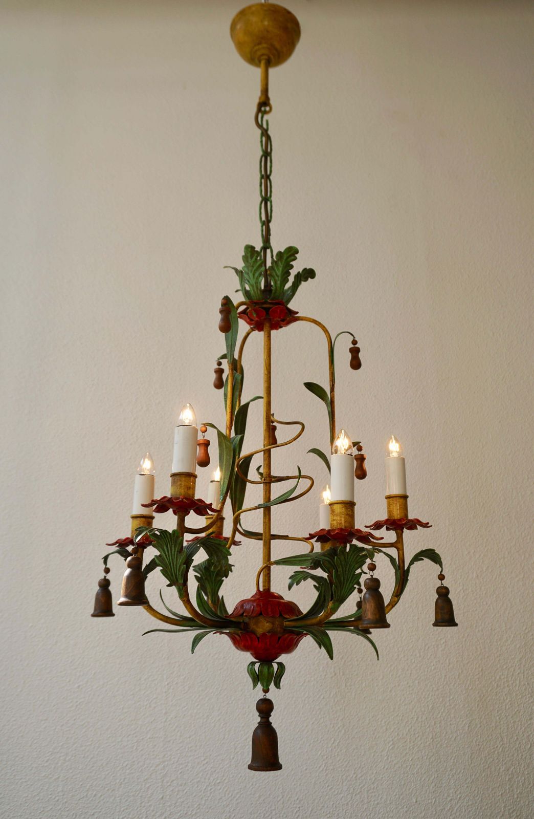 Rare Colorful Painted Tole Chandelier photo for sale