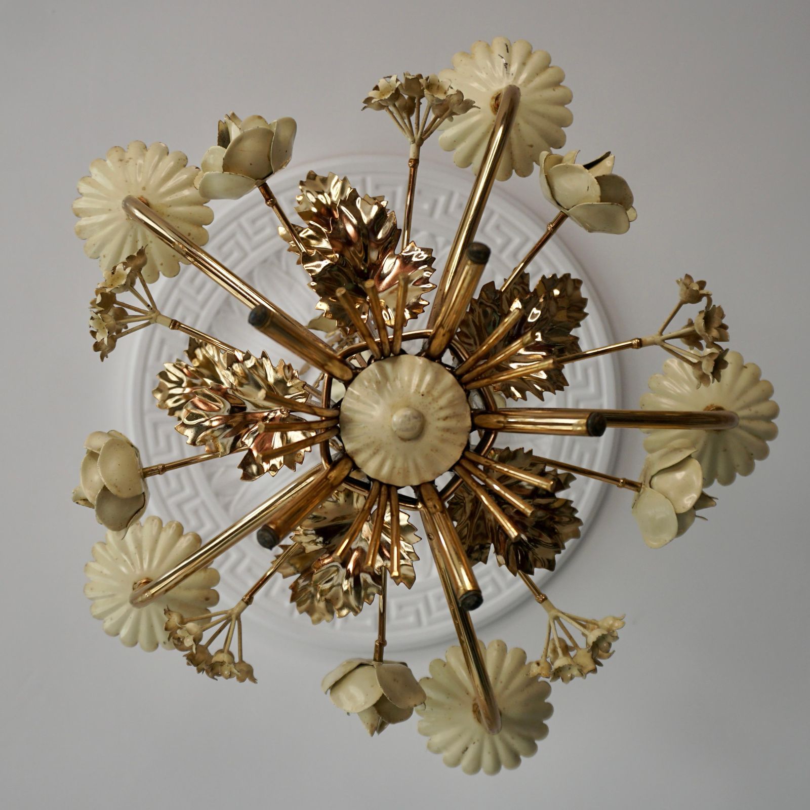 photo furniture Two Lovely Gilt Brass Flower Leaves Chandelier, Italy, Circa 1950s