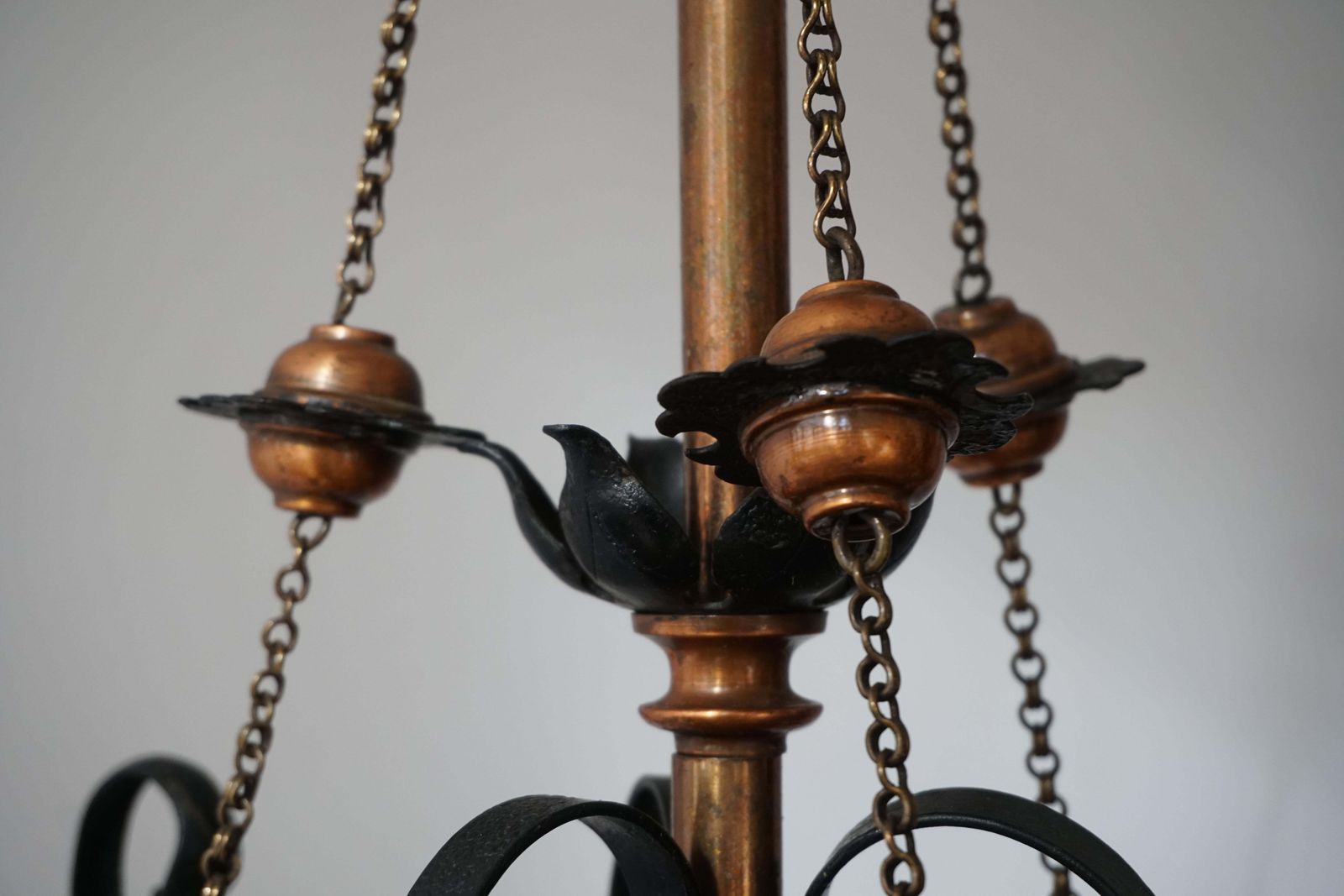Arts & Crafts Wrought Iron And Copper Castle Chandelier With Bronze Lion Heads photo buy
