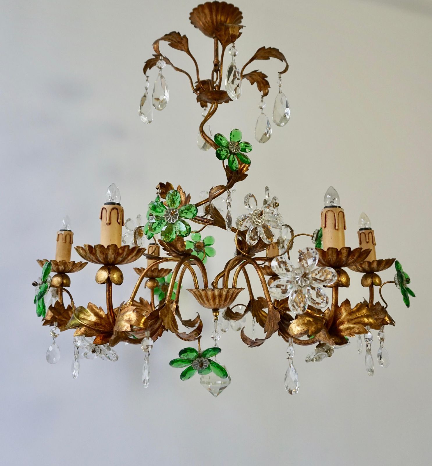 Italian Gilt Floral Design Chandelier With Green And Transparent Glass Flowers photo Lighting