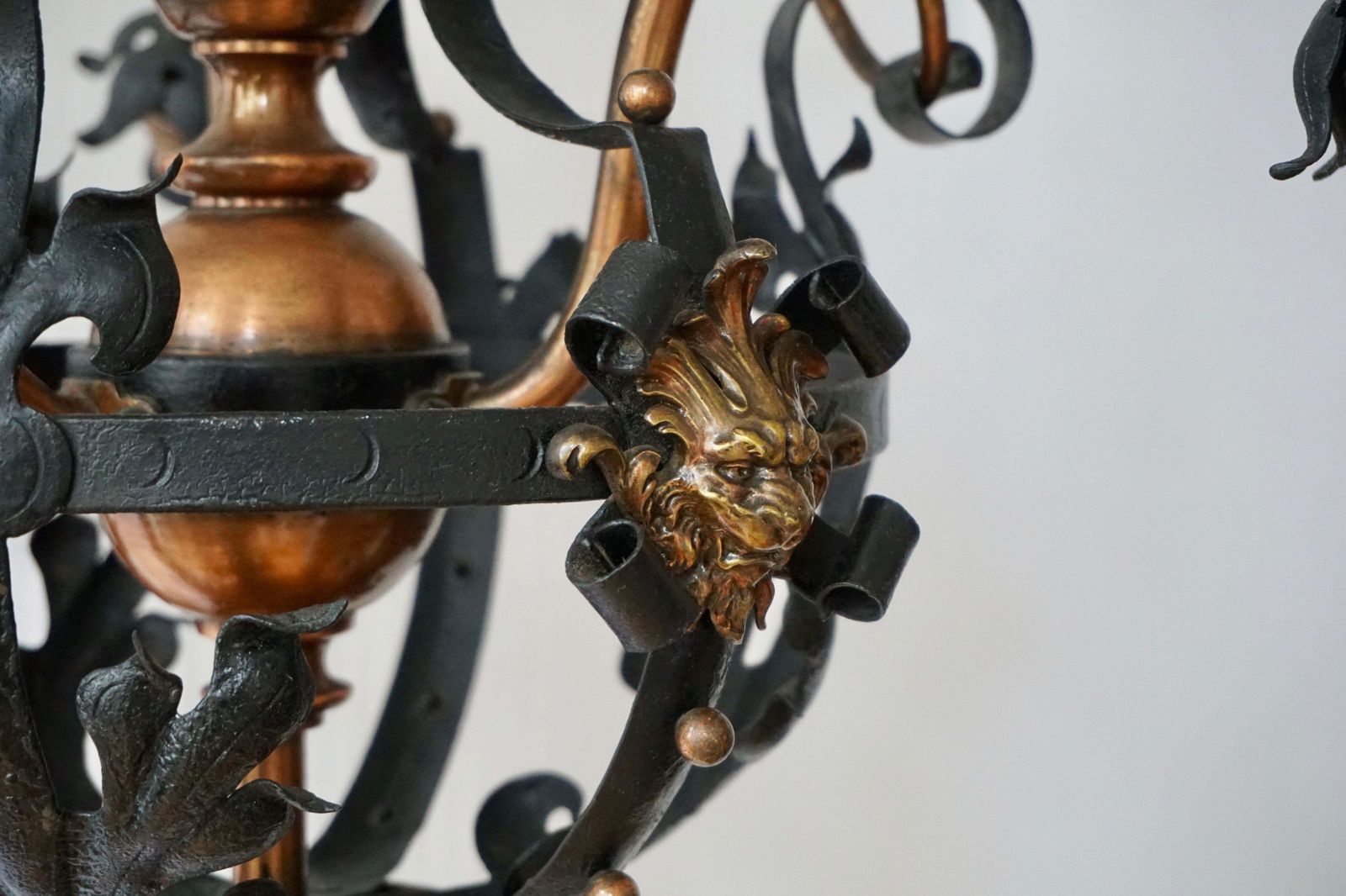 Arts & Crafts Wrought Iron And Copper Castle Chandelier With Bronze Lion Heads photo vintage