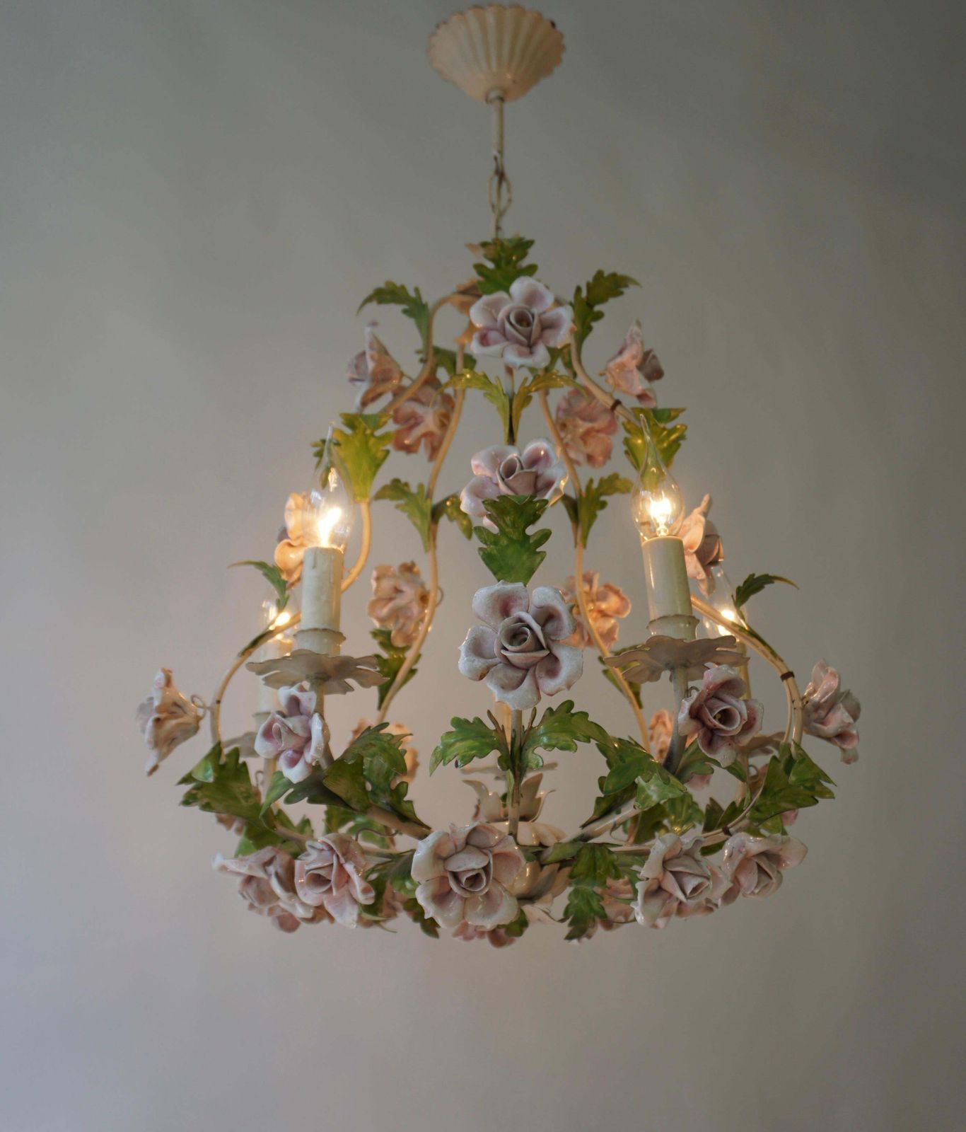 Italian Porcelain Flower Roses Tole Chandelier photo for sale