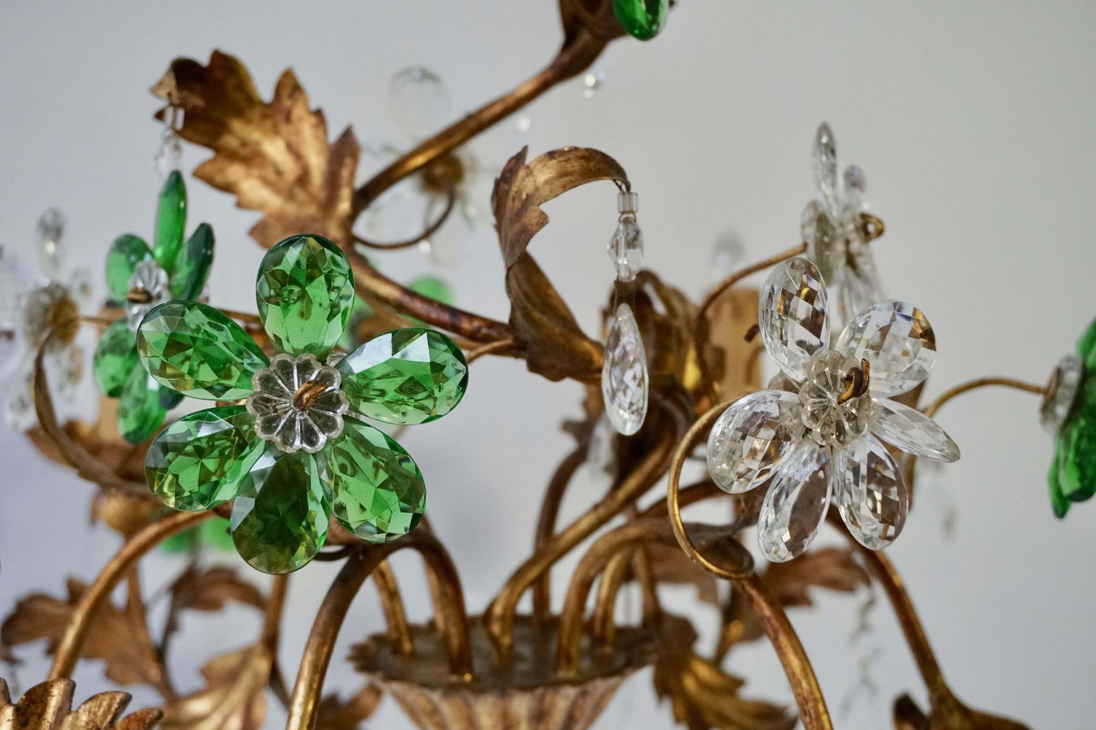Italian Gilt Floral Design Chandelier With Green And Transparent Glass Flowers photo vinterior