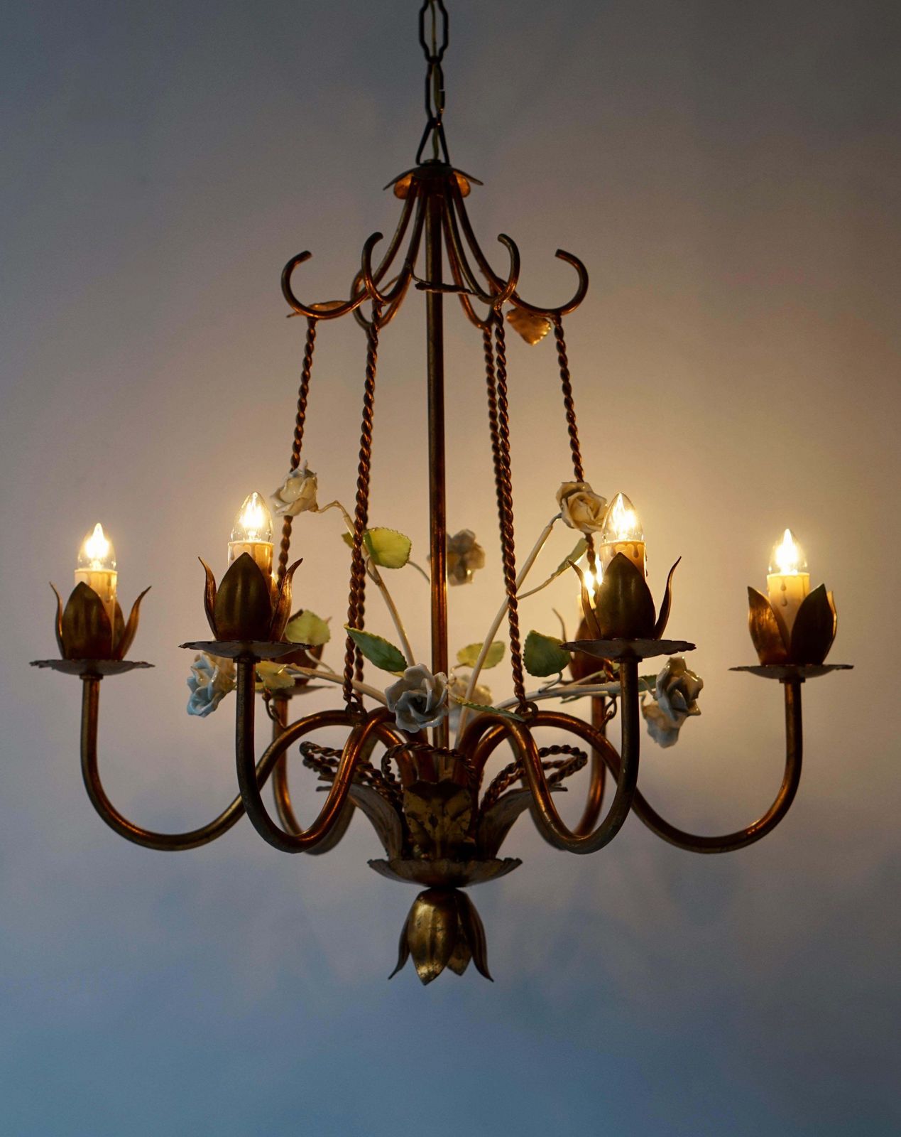 Italian Brass Chandelier With Porcelain Flowers photo for sale