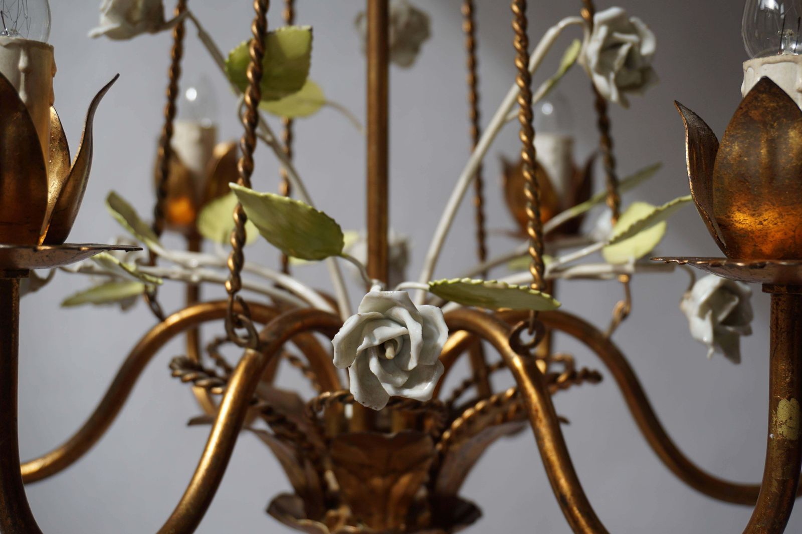 Italian Brass Chandelier With Porcelain Flowers photo vintage