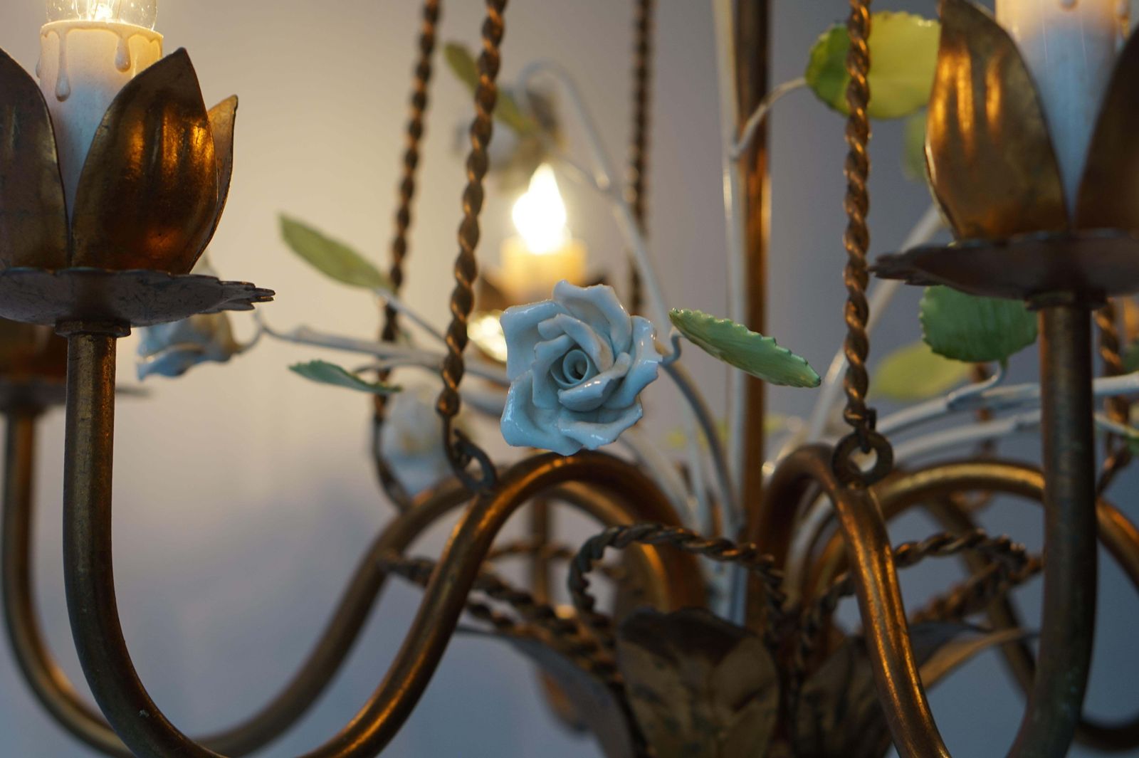 Lighting Italian Brass Chandelier With Porcelain Flowers photo
