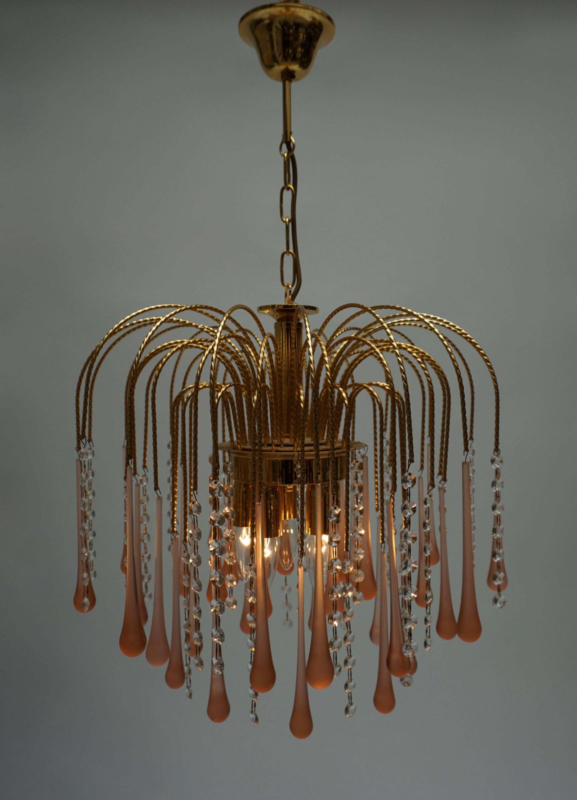 One Of Two Italian Brass And Murano Glass Teardrop Chandelier photo furniture
