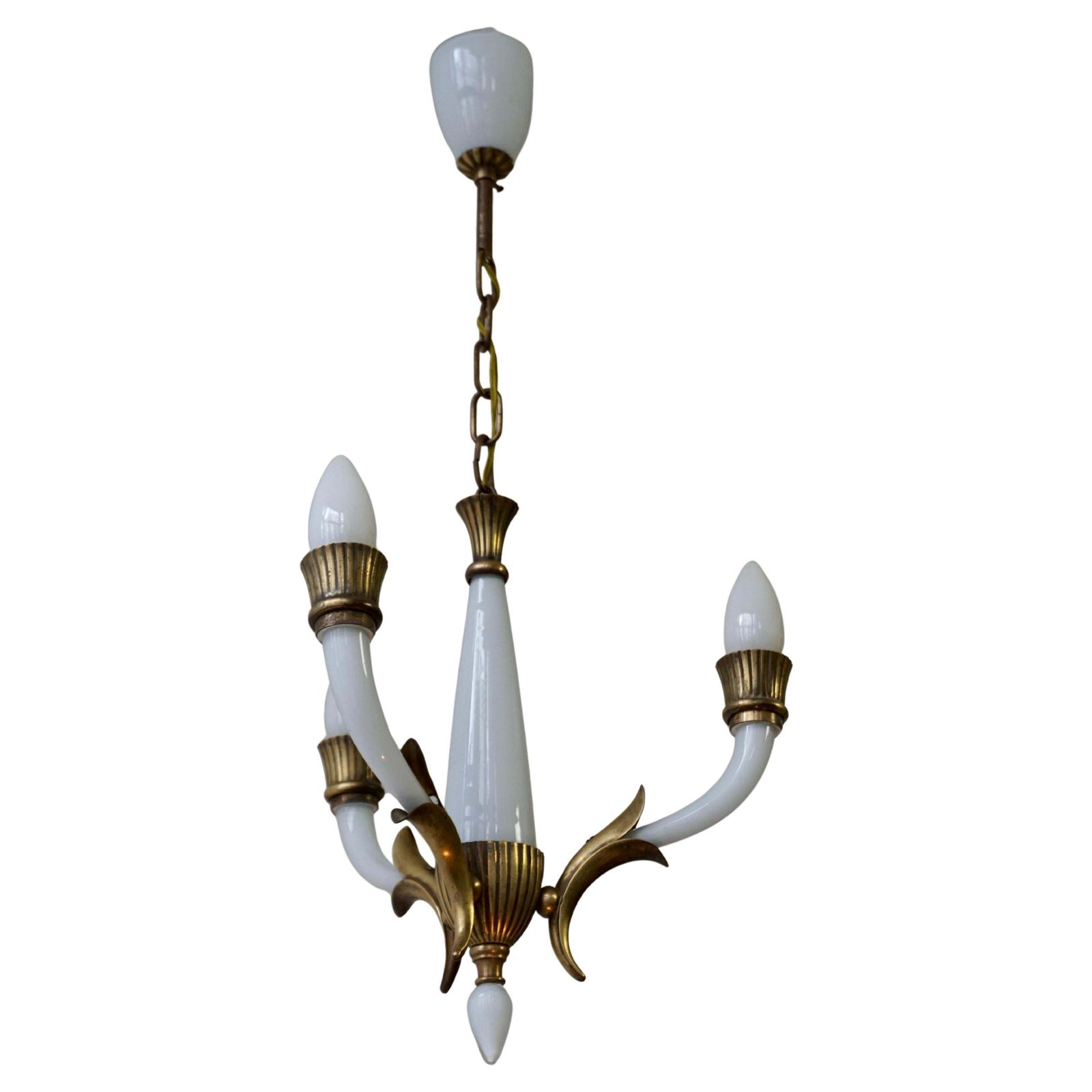 Italian Chandelier In Brass And White Murano Glass