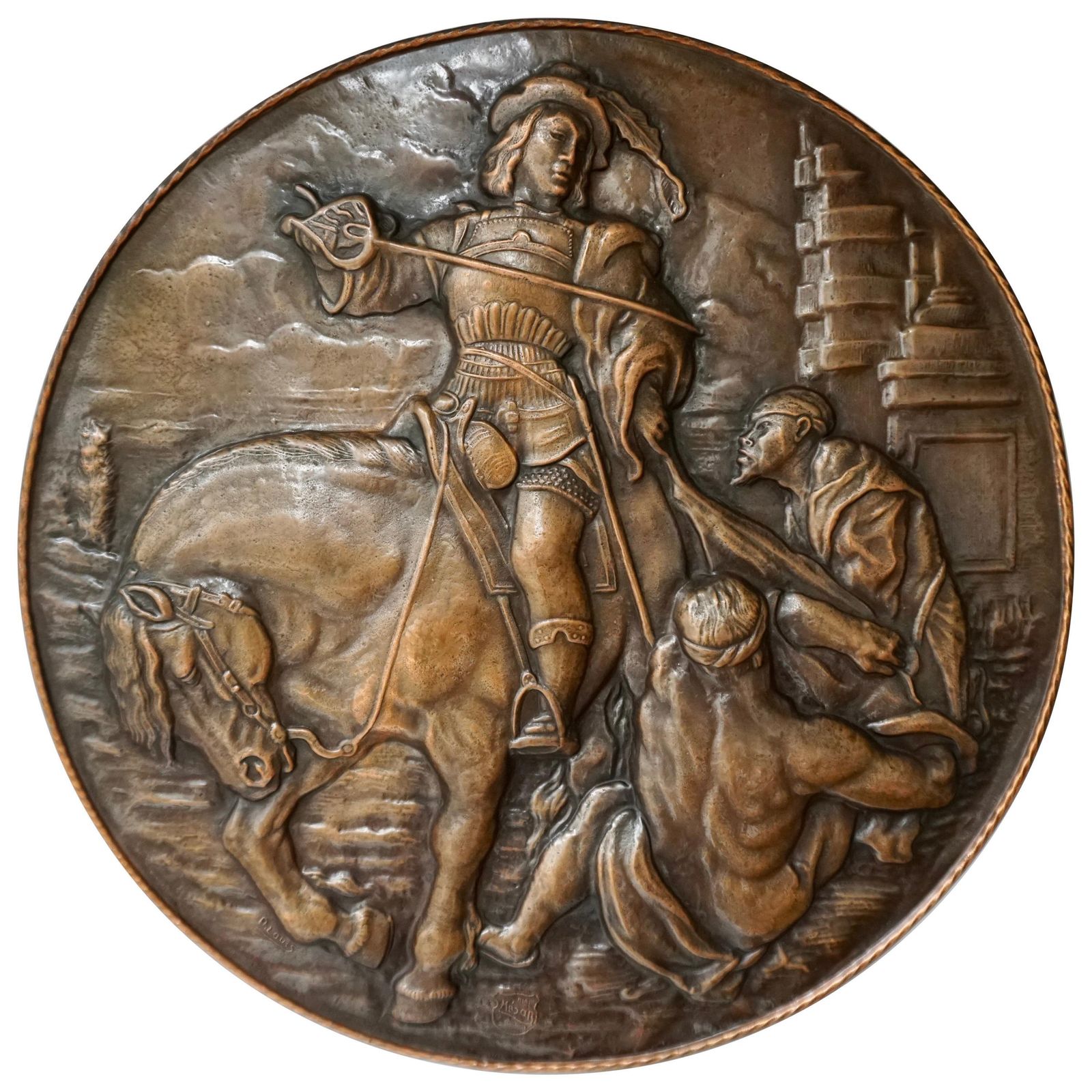 Very Large Copper Wall Plate Depiction Saint Martin On Horse In Relief