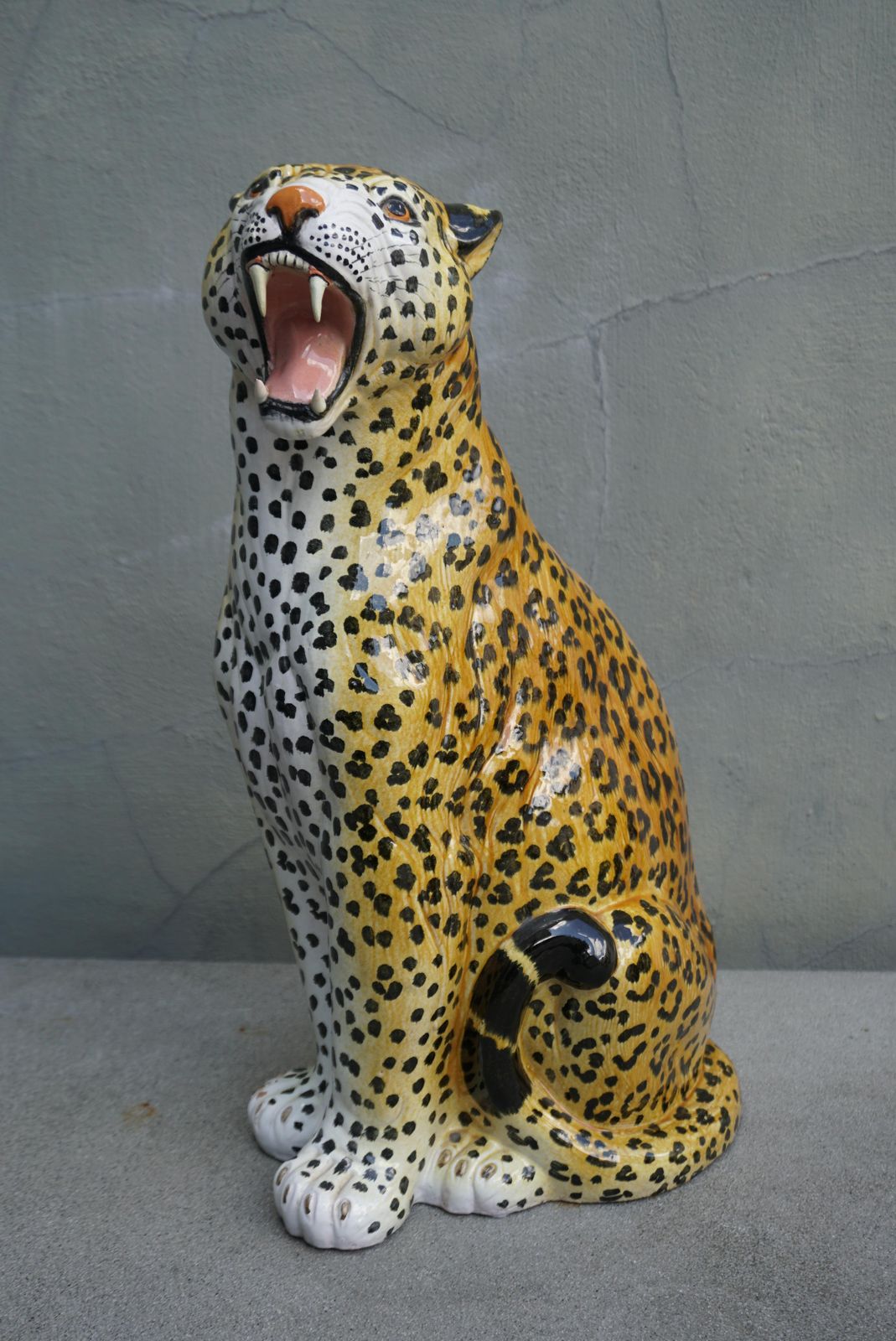 Large Italian Glazed Terracotta Leopard Cheetah Statue, 1960s Hollywood Regency photo for sale