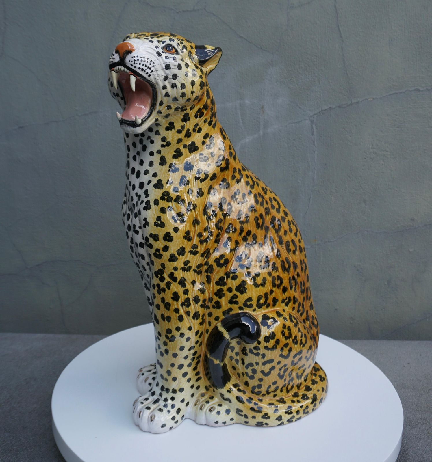Large Italian Glazed Terracotta Leopard Cheetah Statue, 1960s Hollywood Regency photo Art
