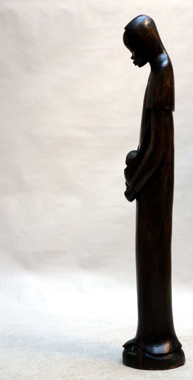 Midcentury African Hand Carved Wood Sculpture Of Maria With Child photo Art