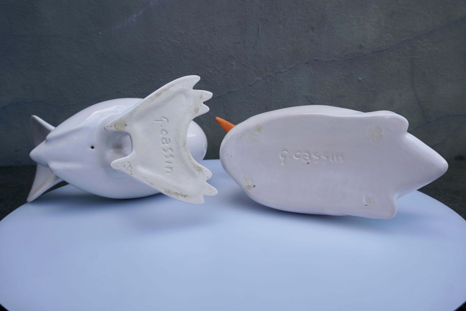 Set Of 2 Ducks Of White Ceramic Made And Signed By Georges Cassin photo vintage