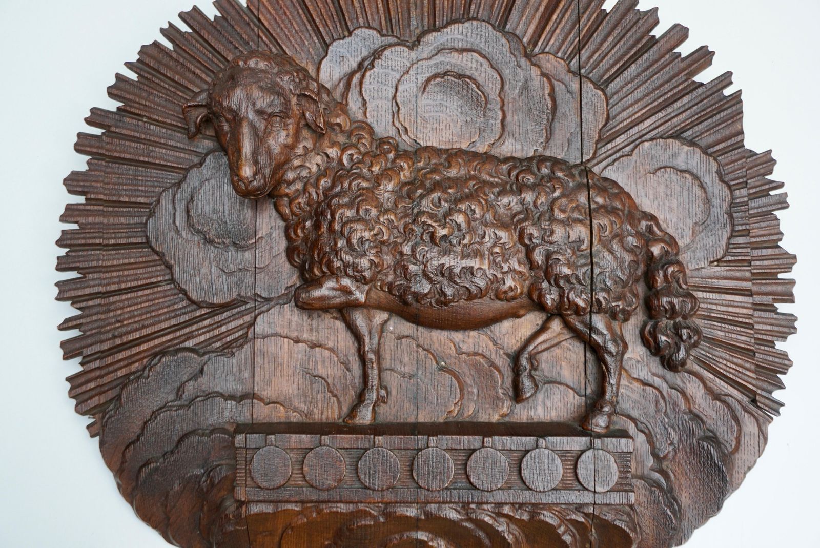 Antique Hand Carved Wooden Wall Relief Of The Lamb Of God photo for sale