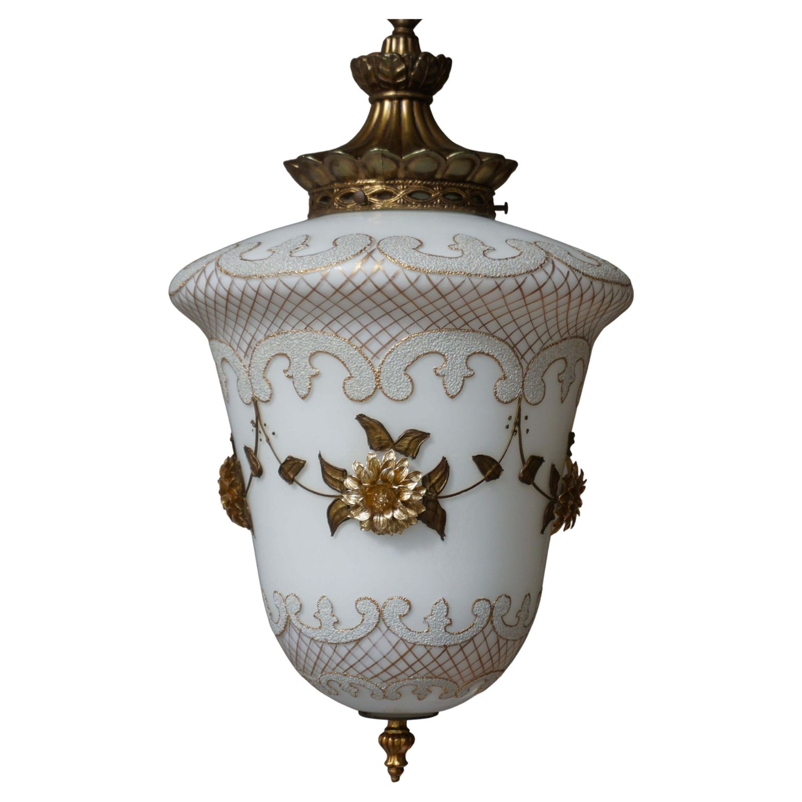 Floral Opaline Glass And Gilt Brass Pendat Light