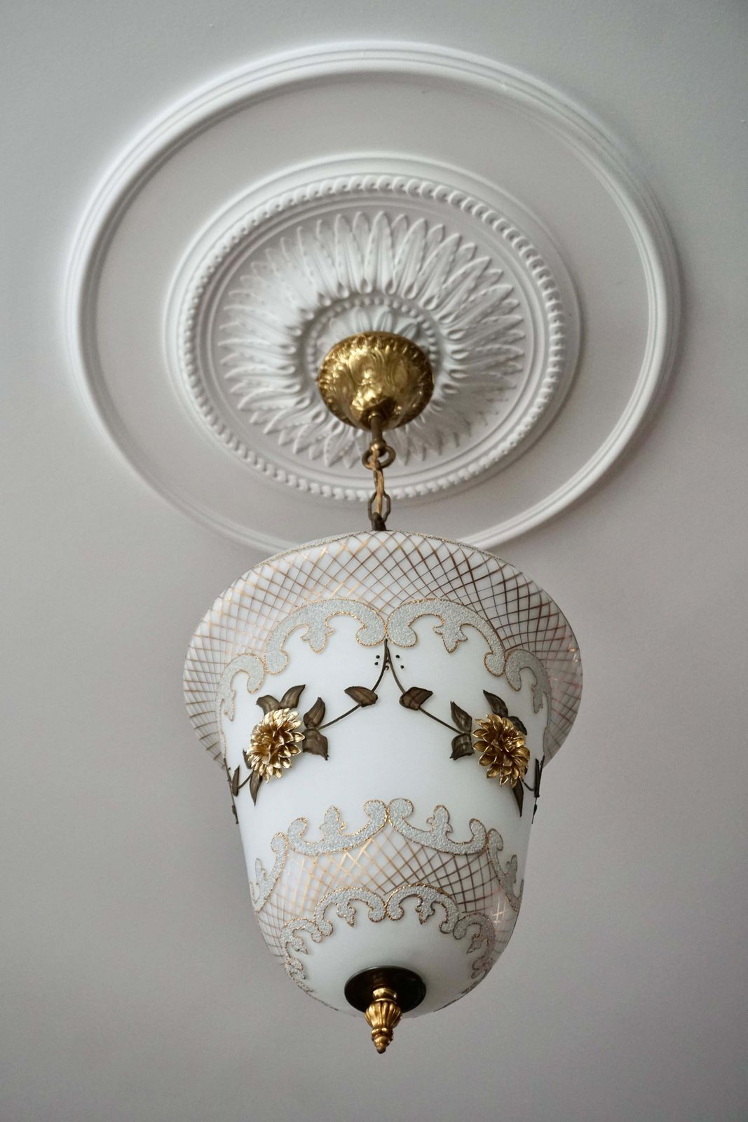 Floral Opaline Glass And Gilt Brass Pendat Light photo Lighting