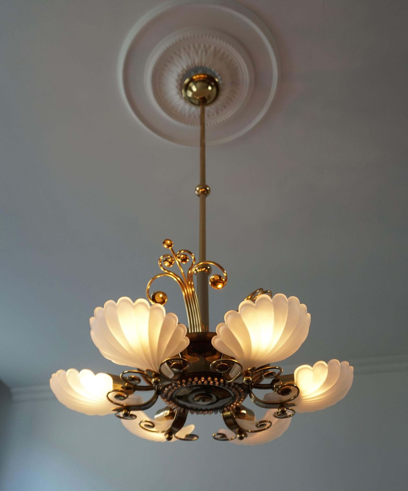 Italian Chandelier In Brass With Murano Glass Shells, 1970s photo furniture