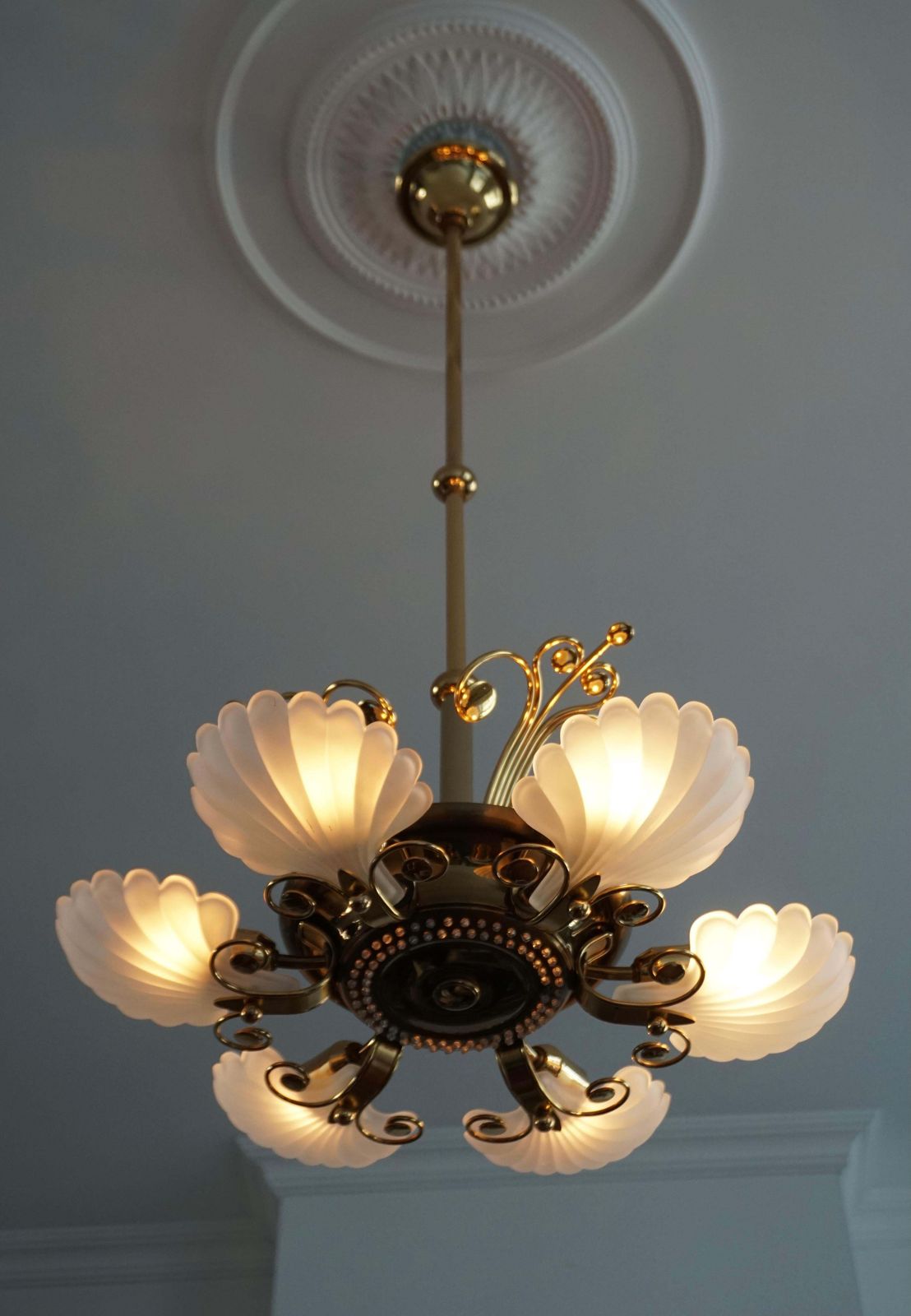 Italian Chandelier In Brass With Murano Glass Shells, 1970s photo 1702.0