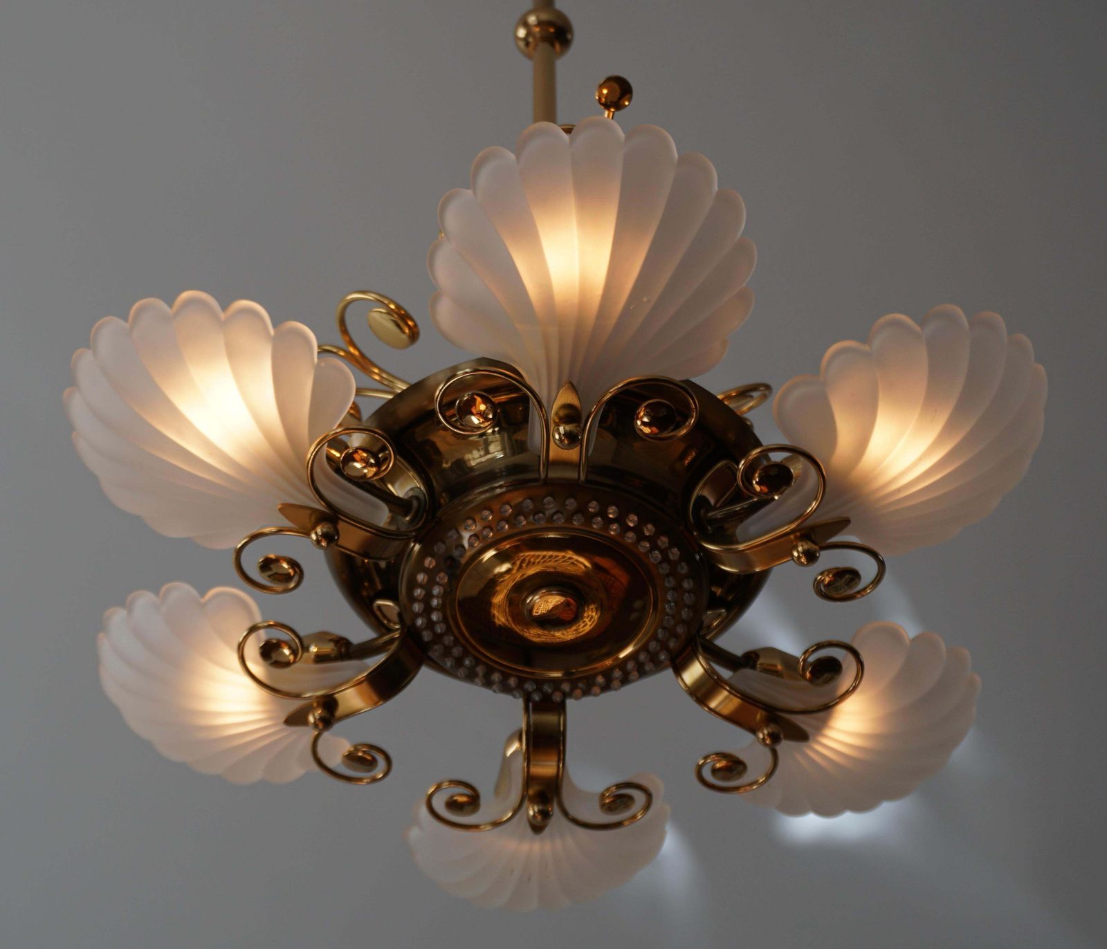 photo buy Italian Chandelier In Brass With Murano Glass Shells, 1970s