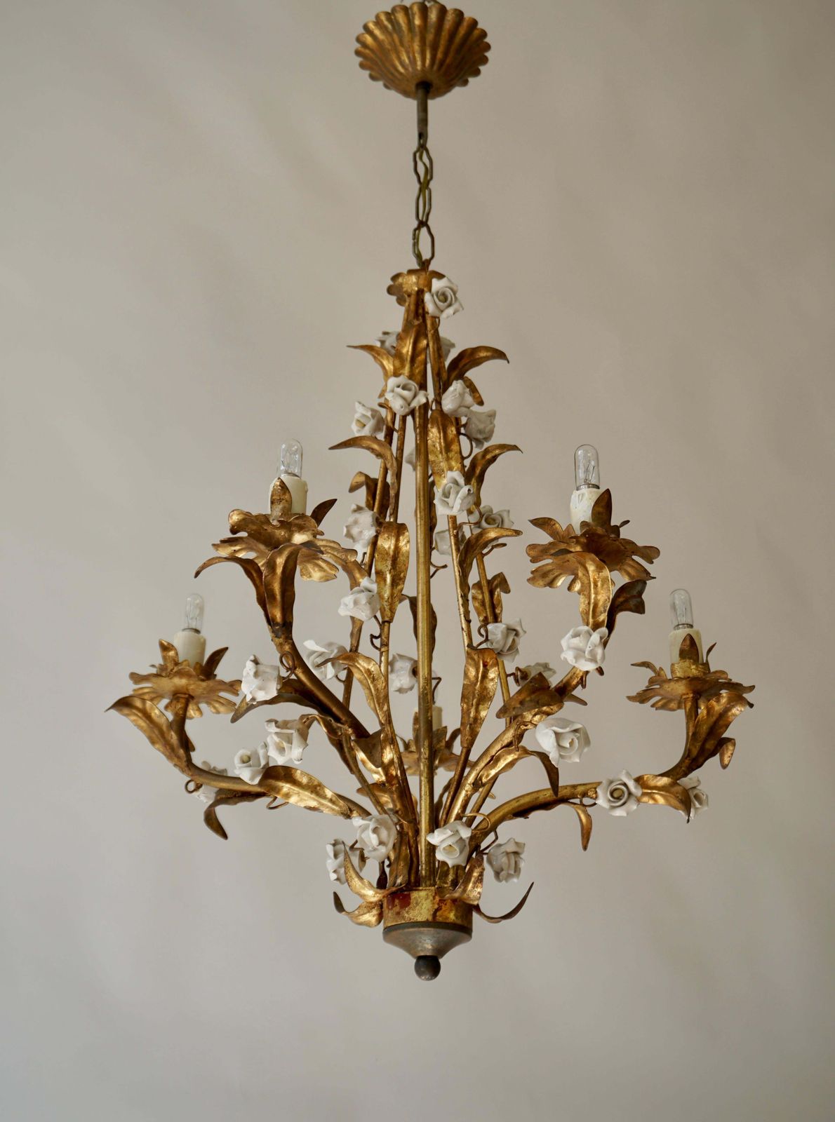 One Italian Brass And Ceramic White And Pink Roses Tole Chandelier photo buy