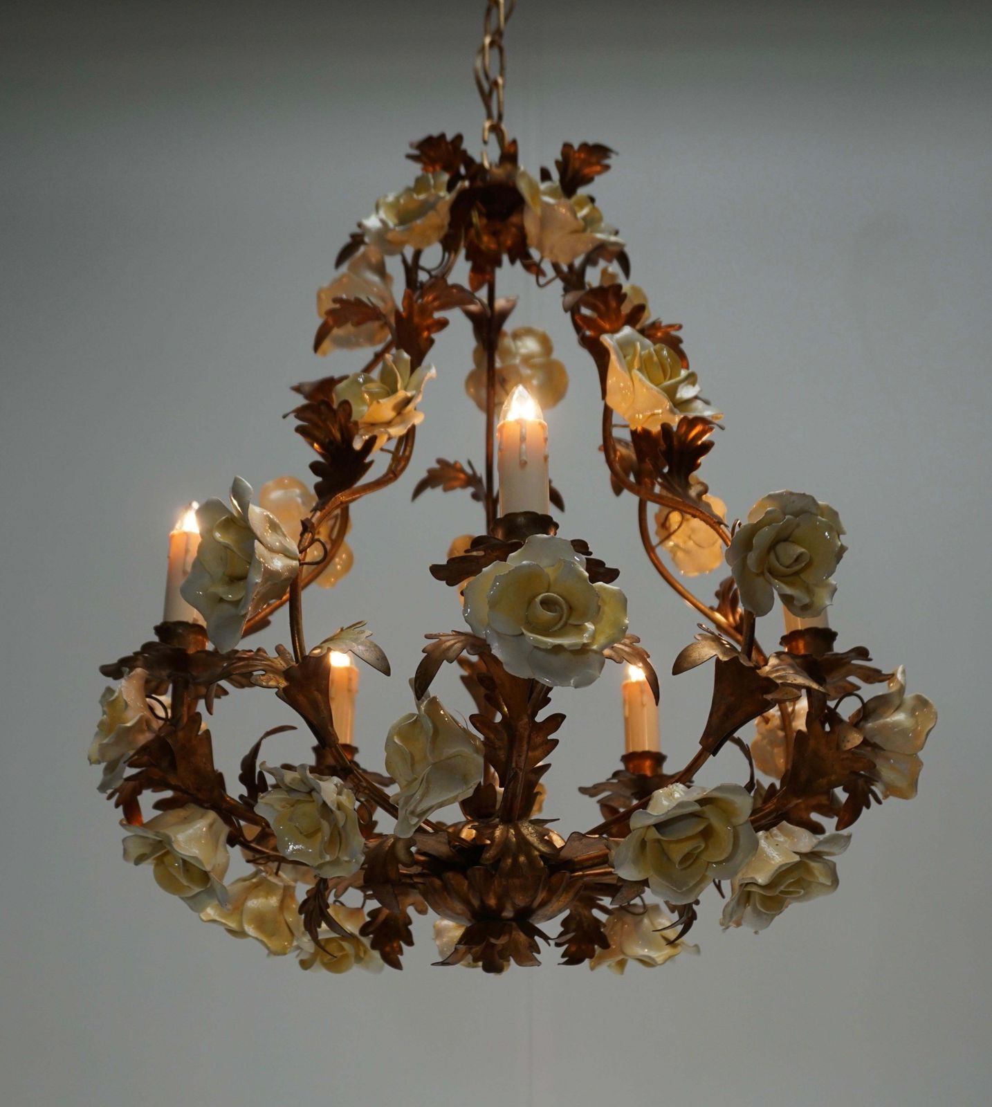 Italian Brass Tole Chandelier With Yellow Porcelain Flowers photo buy