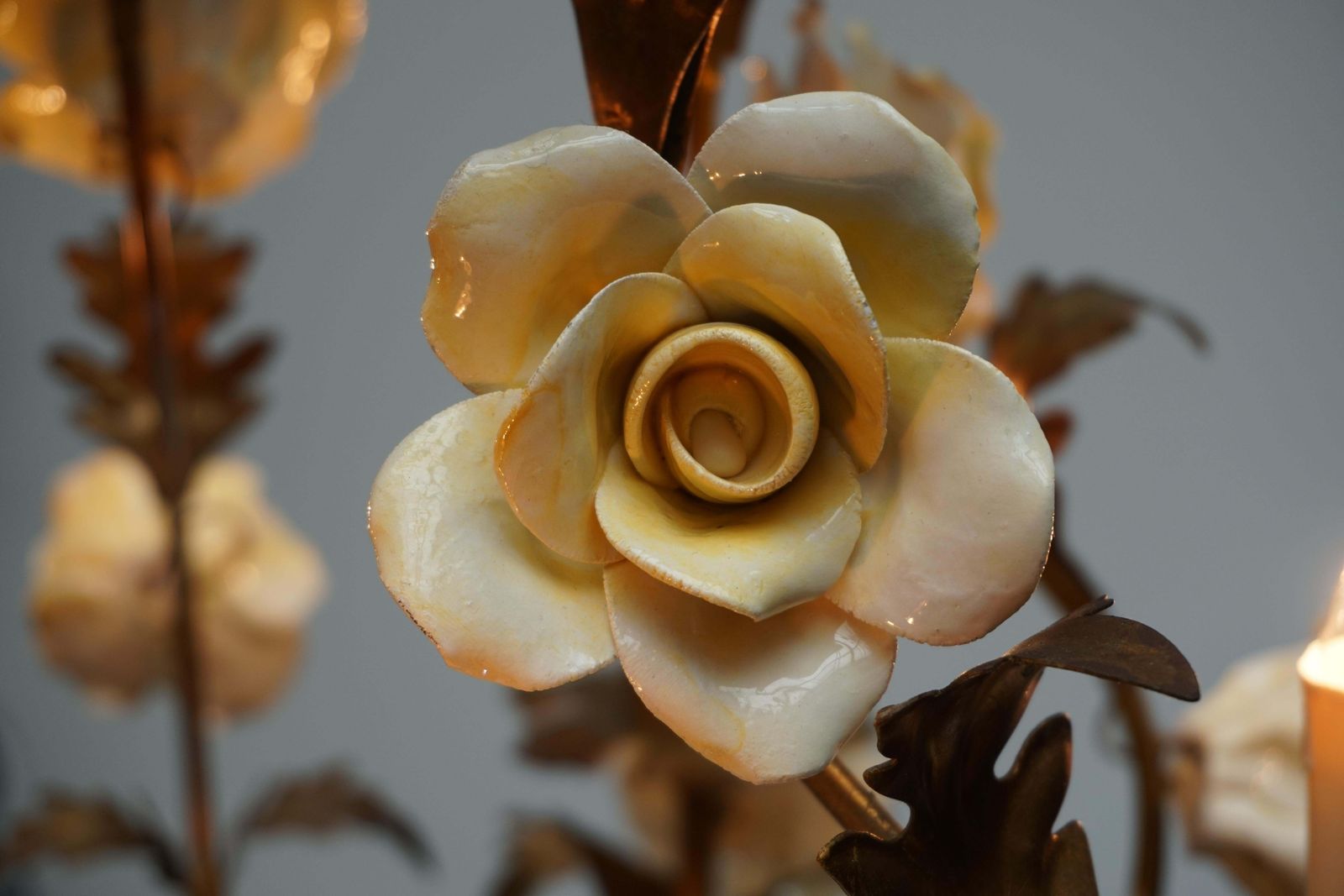 2081.0 Italian Brass Tole Chandelier With Yellow Porcelain Flowers photo