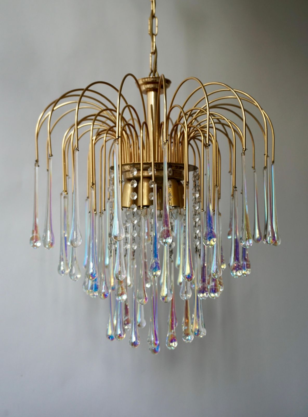 Italian Iridescent Murano Crystal Teardrop Waterfall Chandelier, 1950s photo furniture